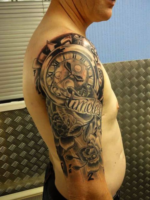 Grey Ink Flowers And Clock Half Sleeve Tattoo