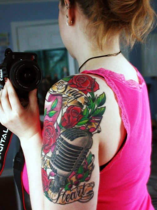Red Flowers And Mic Half Sleeve Tattoo For Girls