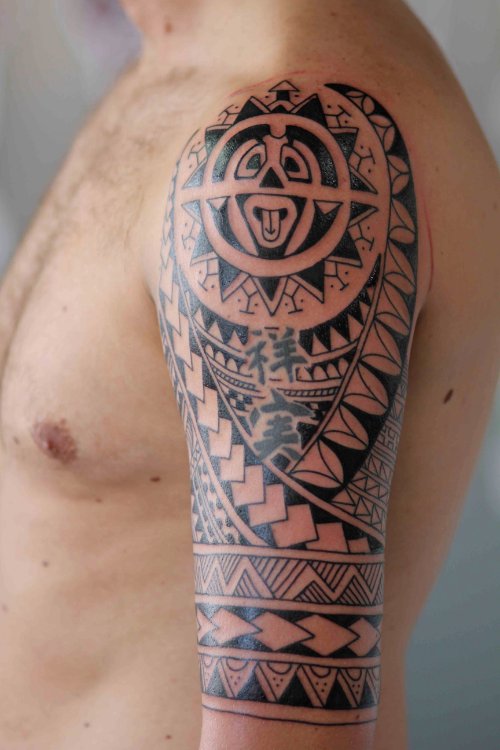Grey Ink Polynesian Half Sleeve Tattoo For Men