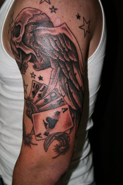 Grey Ink Winged Skull Half Sleeve Tattoo For Men