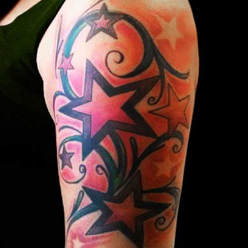 Tribal Stars Tattoos On Left Half Sleeve