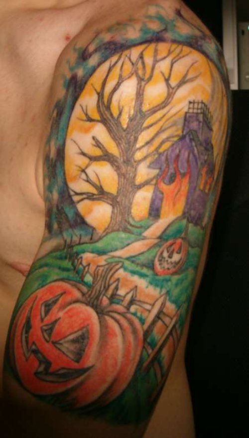 Colored Halloween And Moon Half Sleeve Tattoo