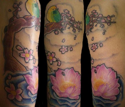 Lotus Flower And Bird On Tree Half Sleeve Tattoo