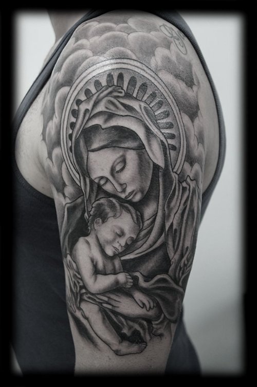 Grey Ink Virgin Mary And Jesus Half Sleeve Tattoo