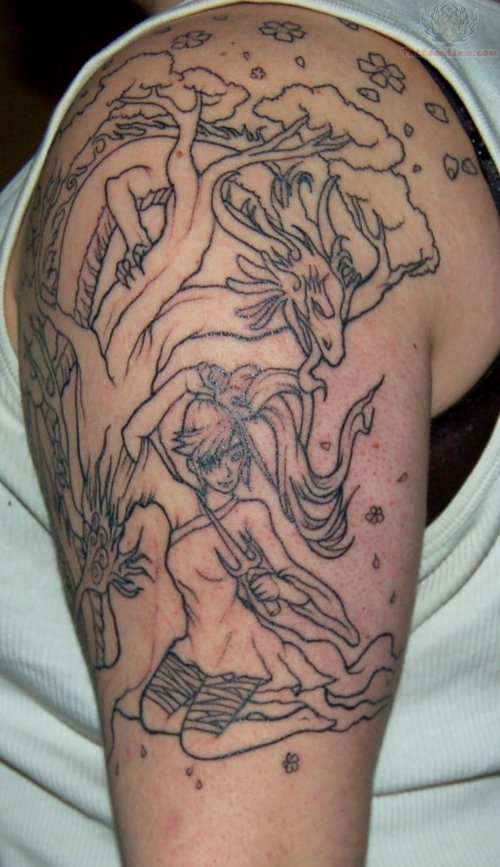 Girl And Dragon Tattoo On Half Sleeve