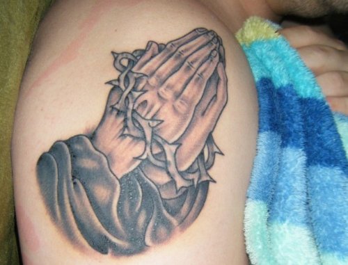 Grey Ink Praying Hands Half Sleeve Tattoo