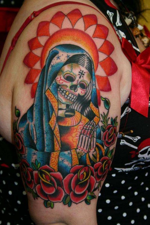 Suagr Skull And Red Roses Half Sleeve Tattoo