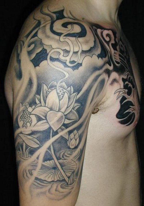 Grey Ink Lotus Flower Japanese Half Sleeve Tattoo