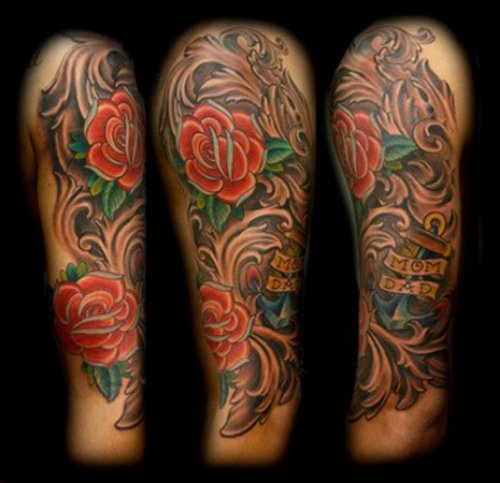 Red Flower Half Sleeve Tattoo Design