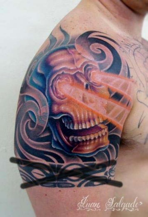 Colored Skull Half Sleeve Tattoo