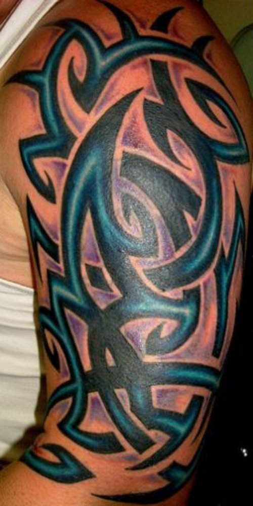 Amazing Blue Ink Tribal Half Sleeve Tattoo