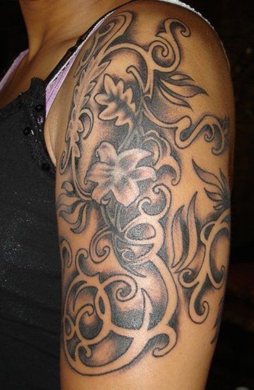 Grey Ink Flower Half Sleeve Tattoo
