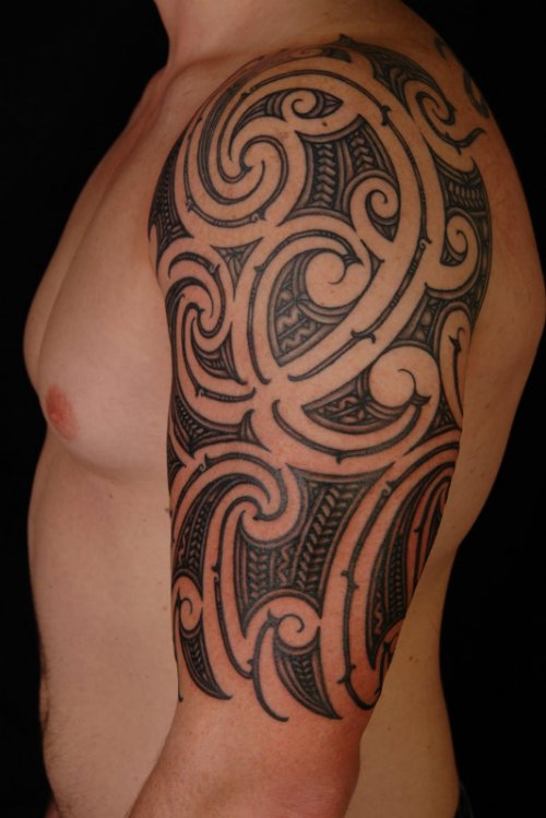 Polynesian Left Half Sleeve Tattoo For Men