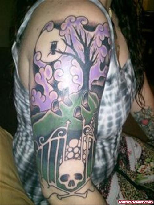 Color Ink Halloween Tattoo On Right Sleeve