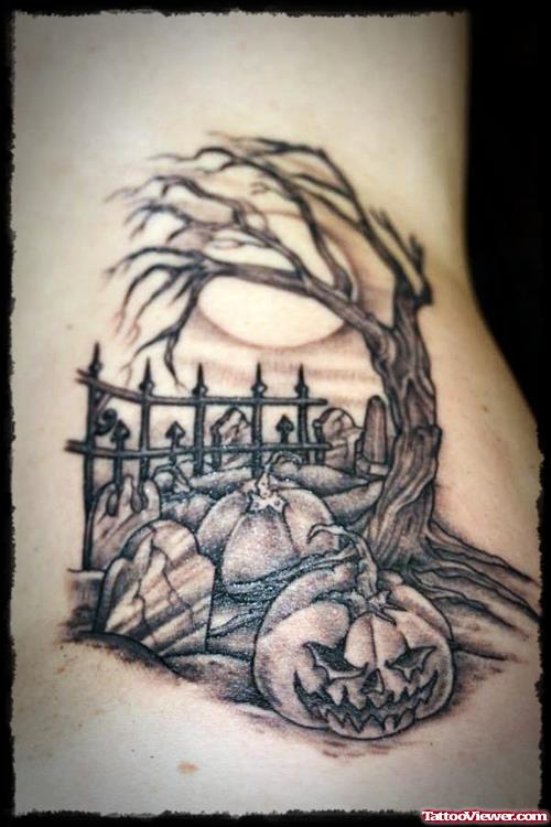 Awful Grey Ink Tree Halloween Tattoo On Side Rib