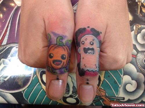 Colored Halloween Tattoos On Both Hands