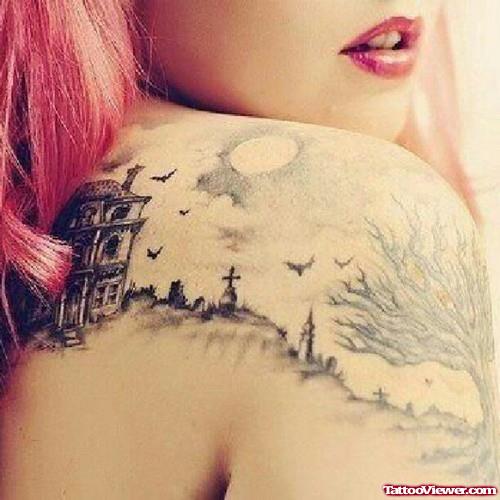 Grey Ink Halloween Tattoo On Girl Right Shoulder