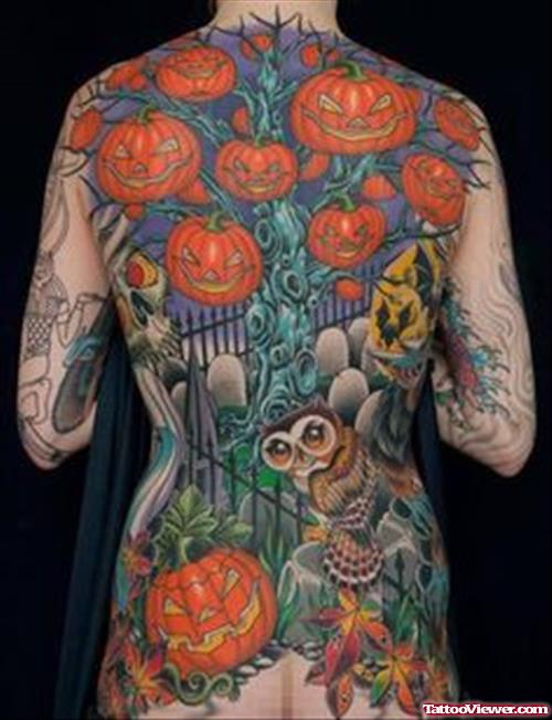 Colored Halloween Pumpkins Tattoos On Back