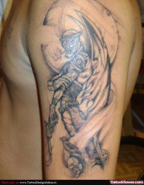 Awesome Grey Ink Halloween Tattoo On Man Left Sleeve