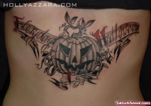 Grey Ink Halloween Pumpkin Tattoo On Back