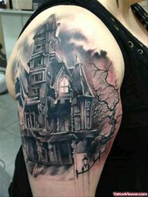 Beautiful Grey Ink Halloween Tattoo On Man Right Half Sleeve