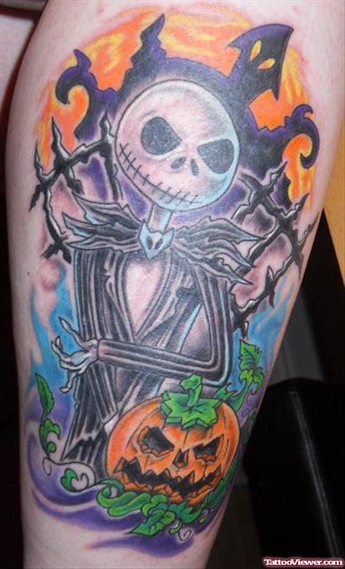 Awful Colored Halloween Tattoo On Leg