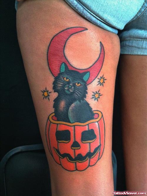 Moon And Pumpkin Halloween Tattoo On Leg Sleeve