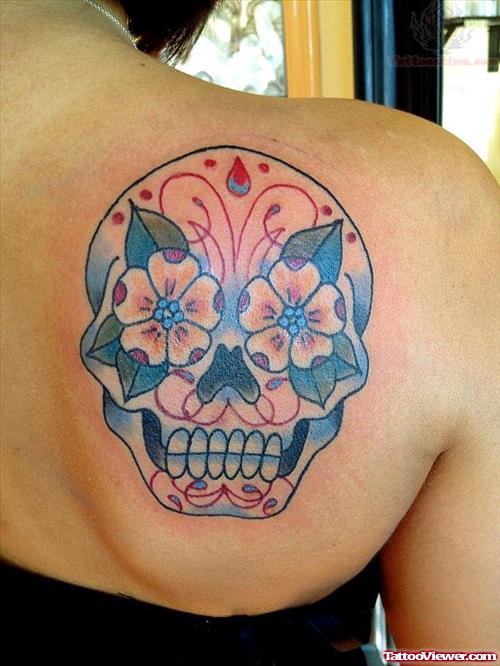 Halloween Skull Tattoo On Right Back SHoulder