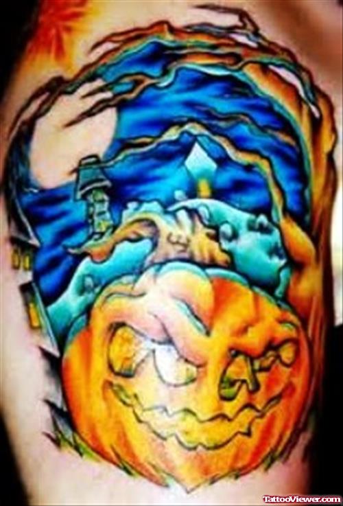 Halloween Pumpkin Tattoo On Shoulder