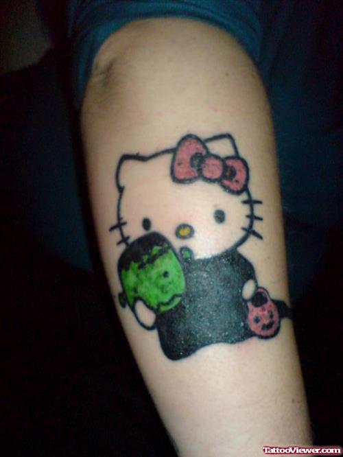Color Ink Kitty Halloween Tattoo On Sleeve
