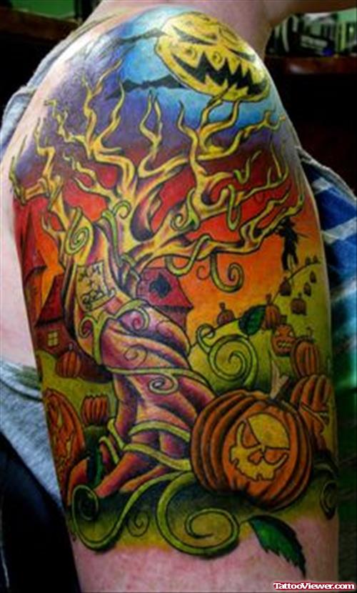 Color Ink Halloween Tattoo On Right Half Sleeve