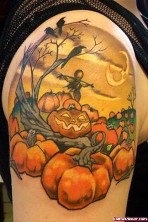 Color Ink Halloween Pumpkin Tattoo On Shoulder