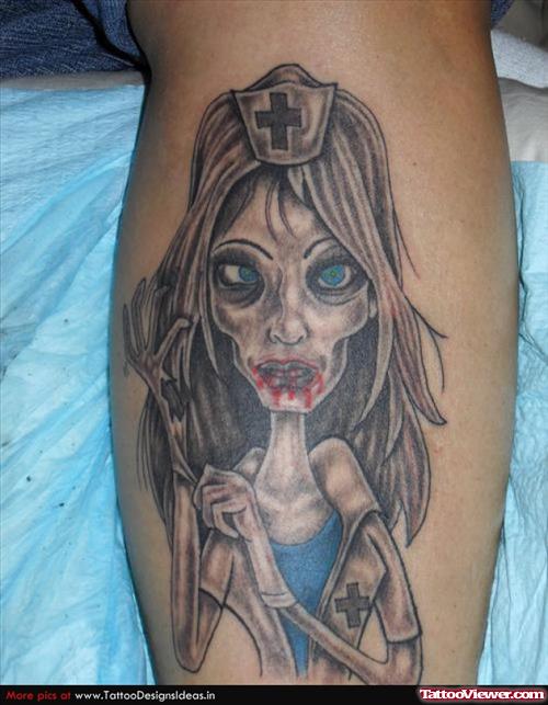 Grey Ink Horror Halloween Tattoo On Leg
