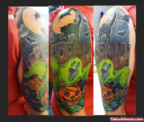 Awesome Colored Ink Halloween Tattoo On Right Sleeve