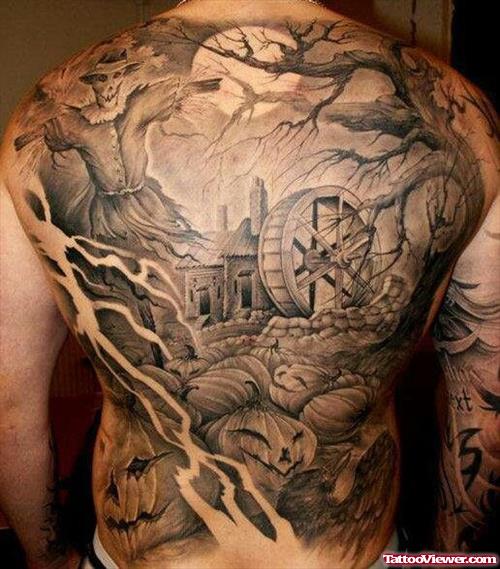 Grey Ink Halloween Tattoo On Back For Men