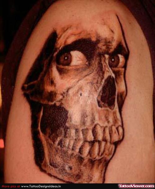 Grey Ink Halloween Skull Tattoo On Shoulder