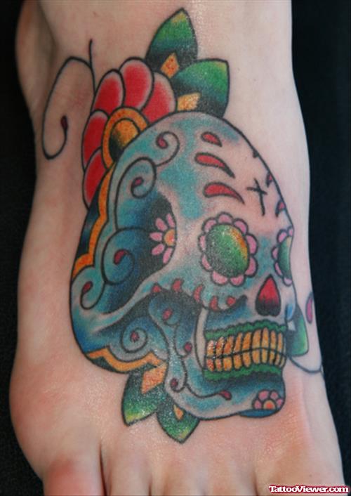 Color Flower And Halloween Skull Tattoo On Right Foot