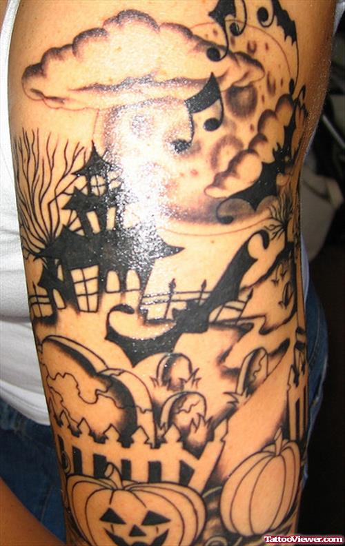 Grey Ink Halloween Tattoo On Right Sleeve