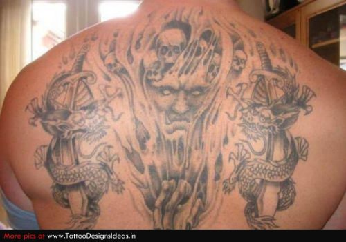 Grey Ink Halloween Tattoo On Man Back Body