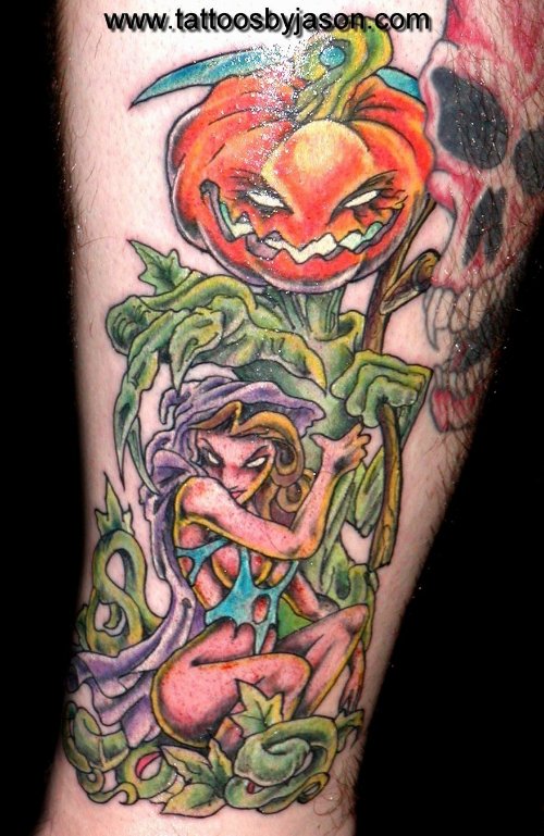 Colored Pumpkin Halloween Tattoo On Sleeve