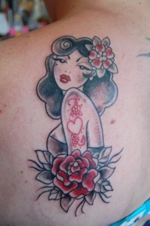Red Flower And Halloween Tattoo on Left Back Shoulder