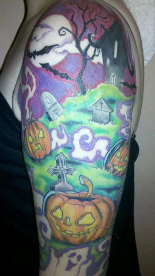 Cool Colored Halloween Tattoo On Left Sleeve