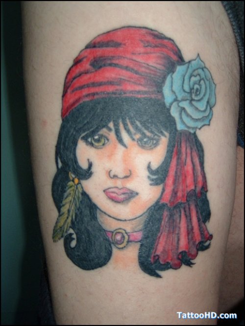 Color Ink Halloween Girl Tattoo On Half Sleeve