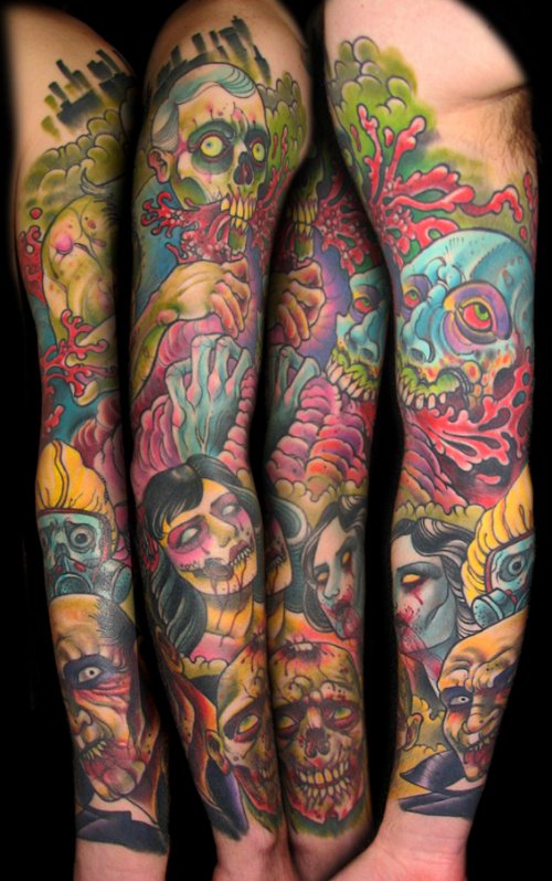 Classic Color Ink Halloween Tattoo On Full Sleeve