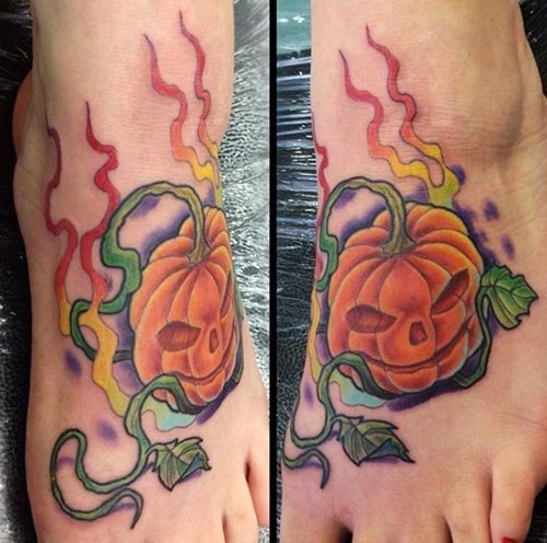 Color Halloween Pumpkin Tattoo On Left Foot