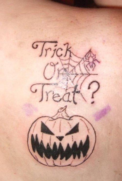 Trick Or Treat Halloween Tattoo On Right Back Shoulder