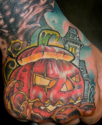 Colored Halloween Tattoo On Right Hand