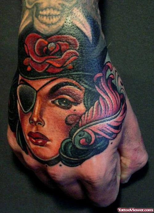 Colored Pirate Girl Head Tattoo