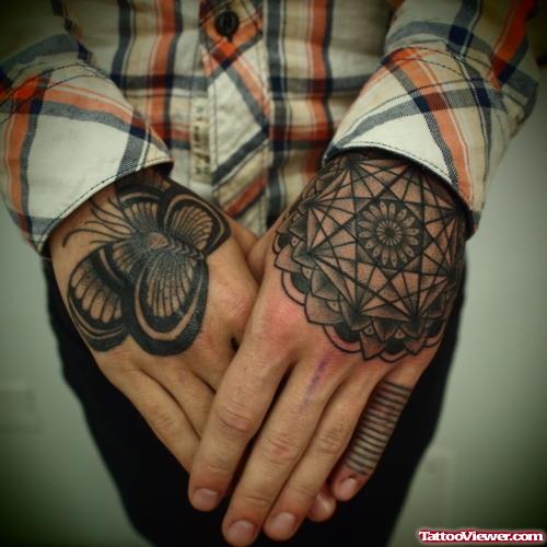 Grey Ink Butterfly And Mandala flower Hand Tattoo