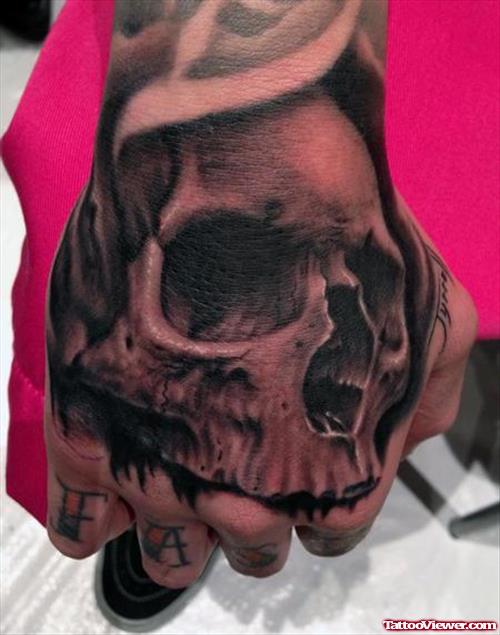 Grey Ink 3D Skull Hand Tattoo